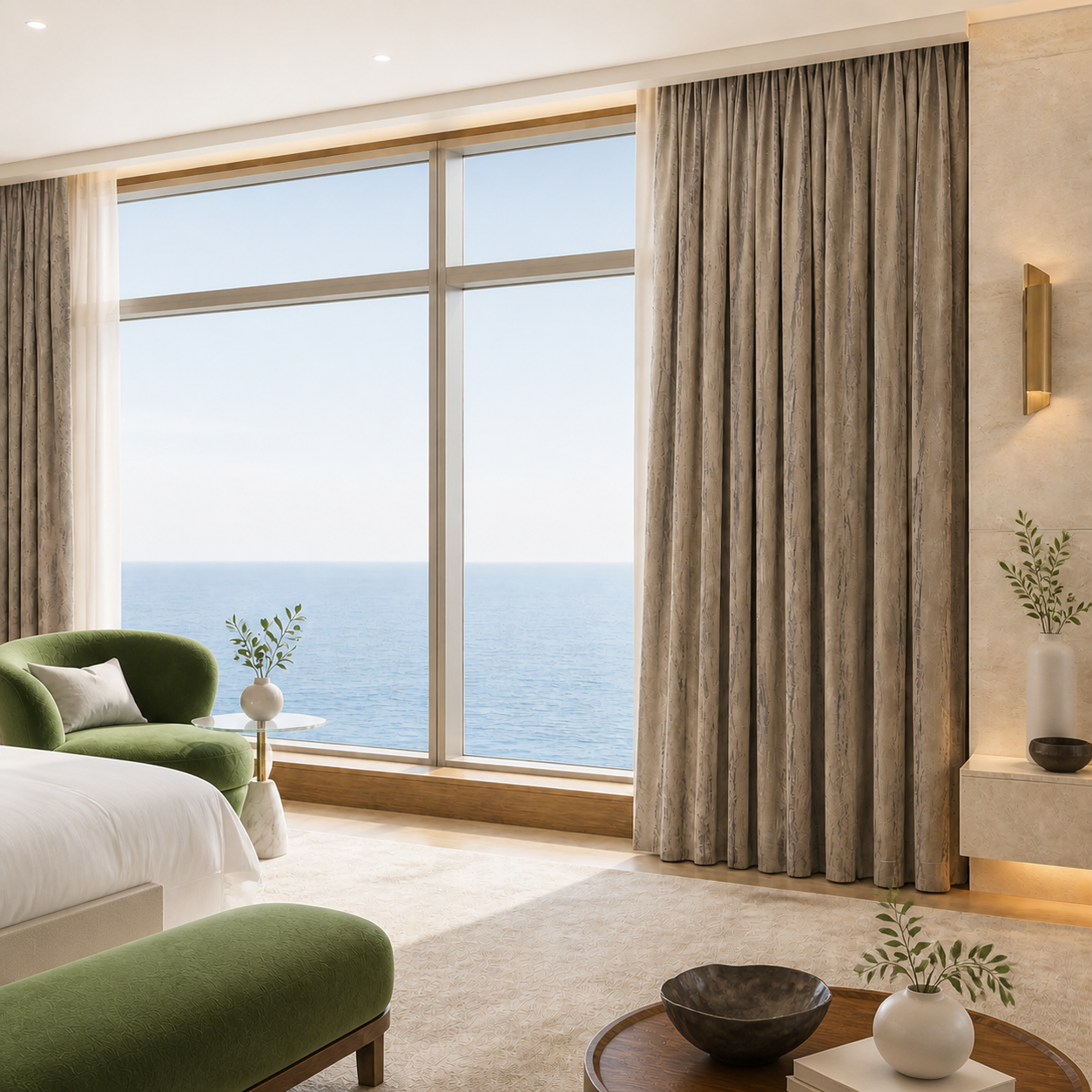 Talassa 5108 drapery in a bright luxury cruise suite with botanical-green velvet seating by Andriali Contract.
