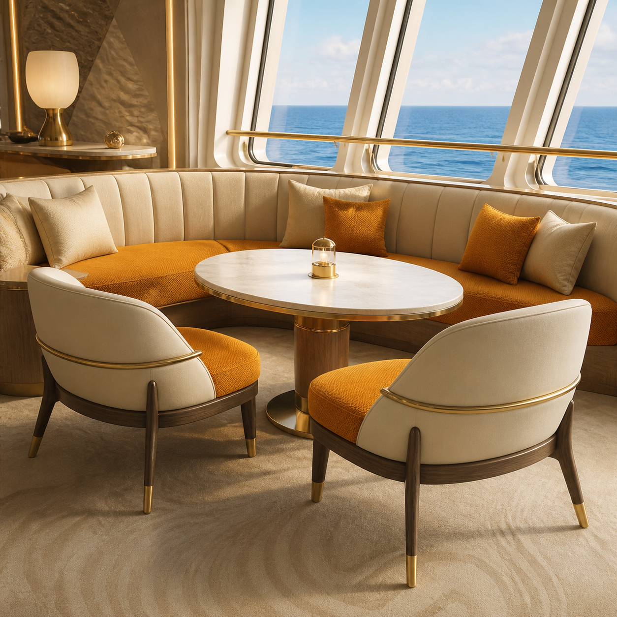 Cappadocia FR Turmeric vinyl upholstery shown in a refined cruise lounge visualization by Andriali Contract.