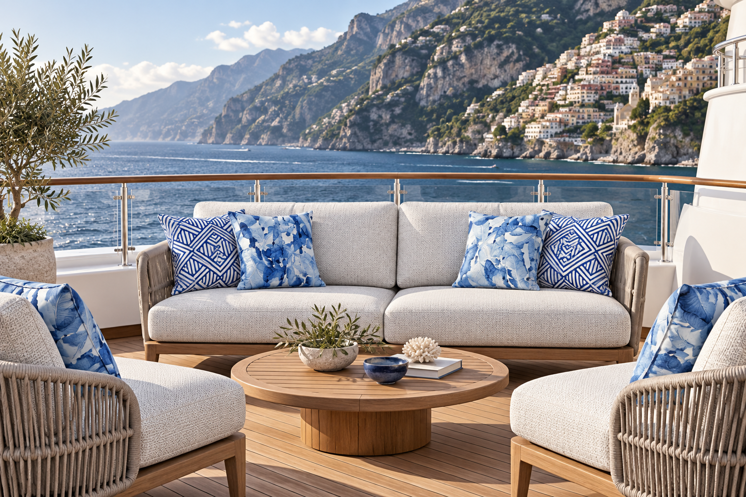 Outdoor textile design concept on a ship deck overlooking the Amalfi Coast