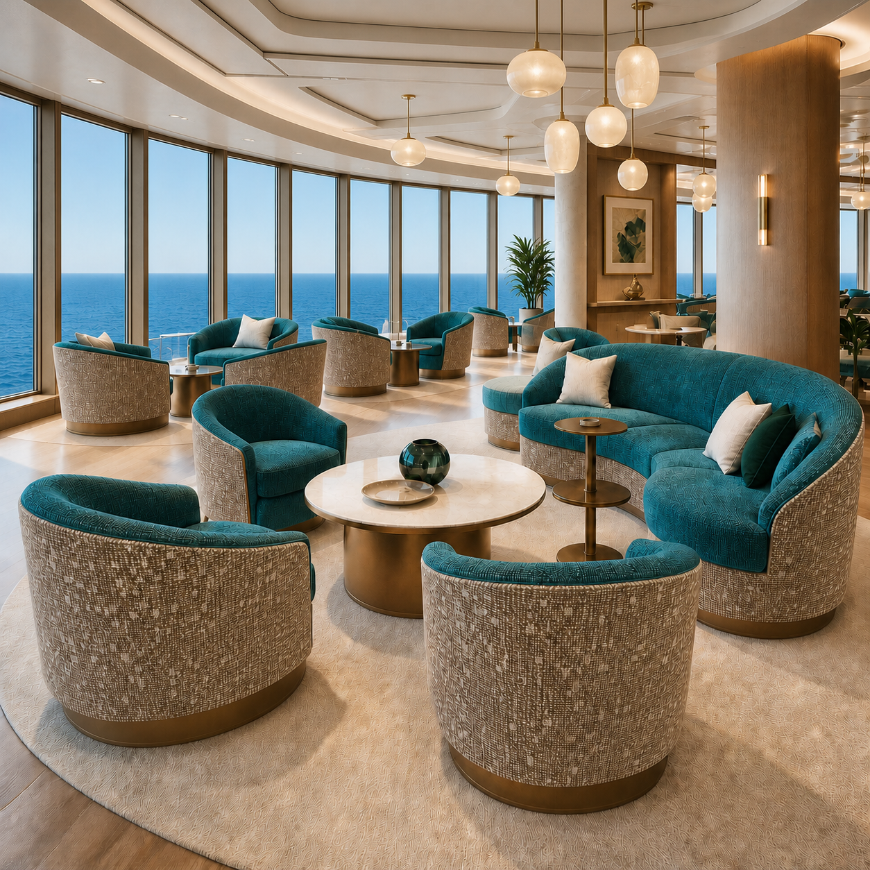 Luxury cruise ship lounge featuring teal and neutral contract upholstery fabrics