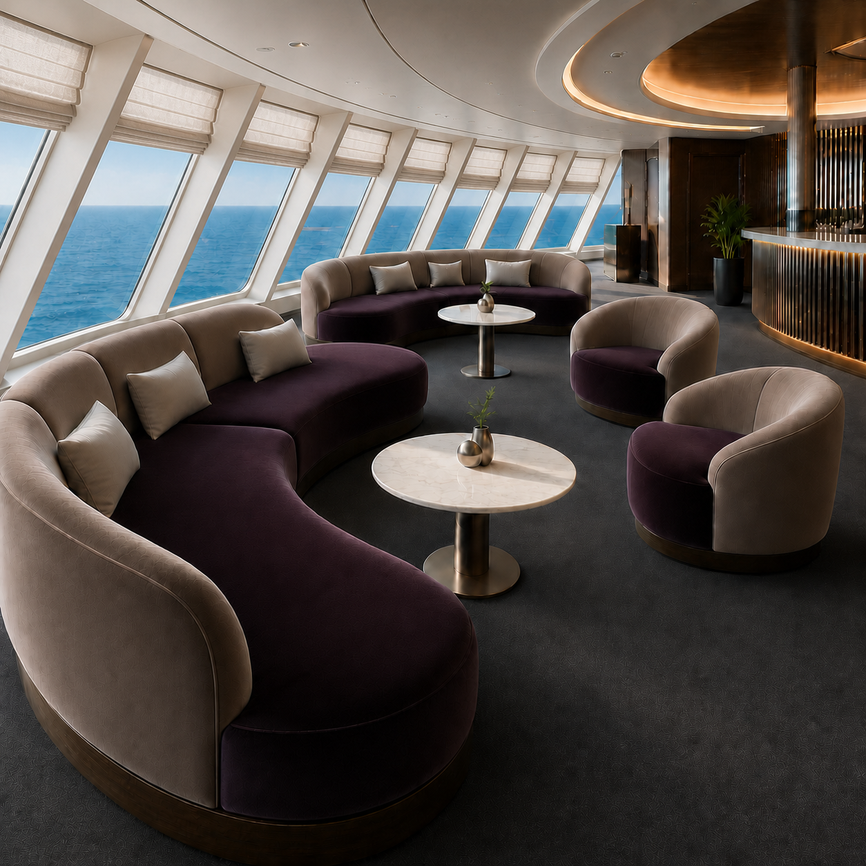 Styled luxury cruise lounge visualization featuring two-tone velvet upholstery and tailored Roman sheer shades by Andriali Contract.