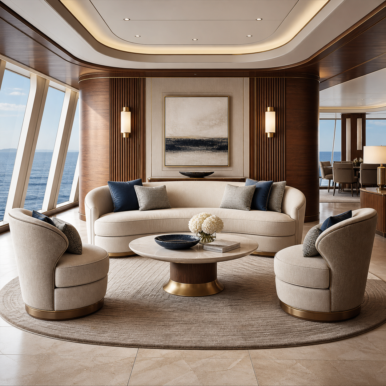 Styled luxury cruise salon visualization featuring timeless modern-classic contract textiles by Andriali Contract.