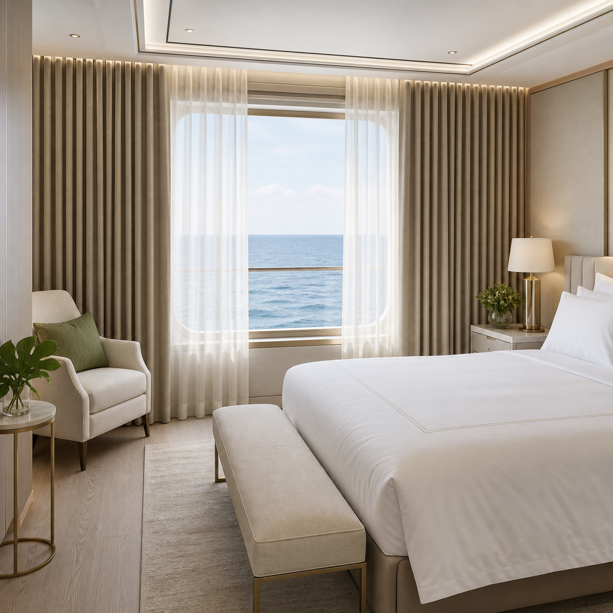 Luxury cruise ship suite featuring elegant sheer curtains and coordinated contract drapery by Andriali Contract.