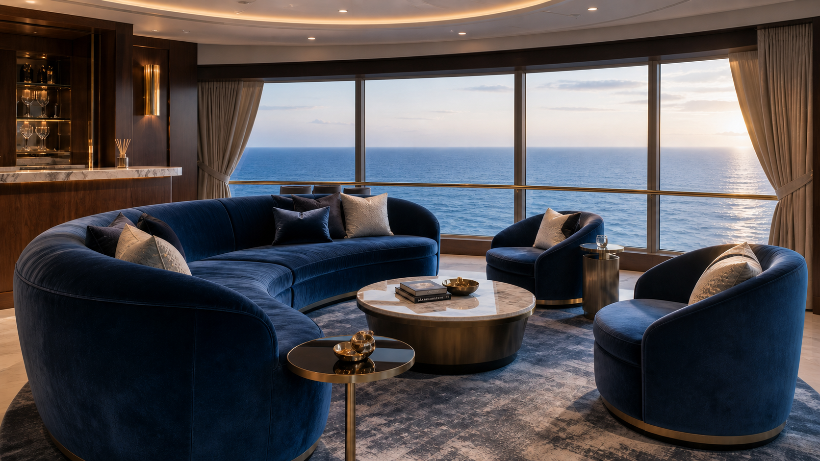 Luxury cruise ship lounge featuring deep blue contract velvet upholstery by Andriali Contract.