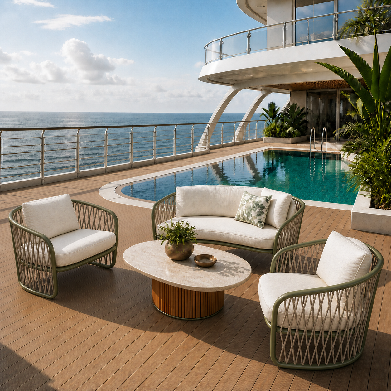Luxury cruise ship pool deck with olive aluminum and taupe marine-rope outdoor furniture by Andriali Contract.