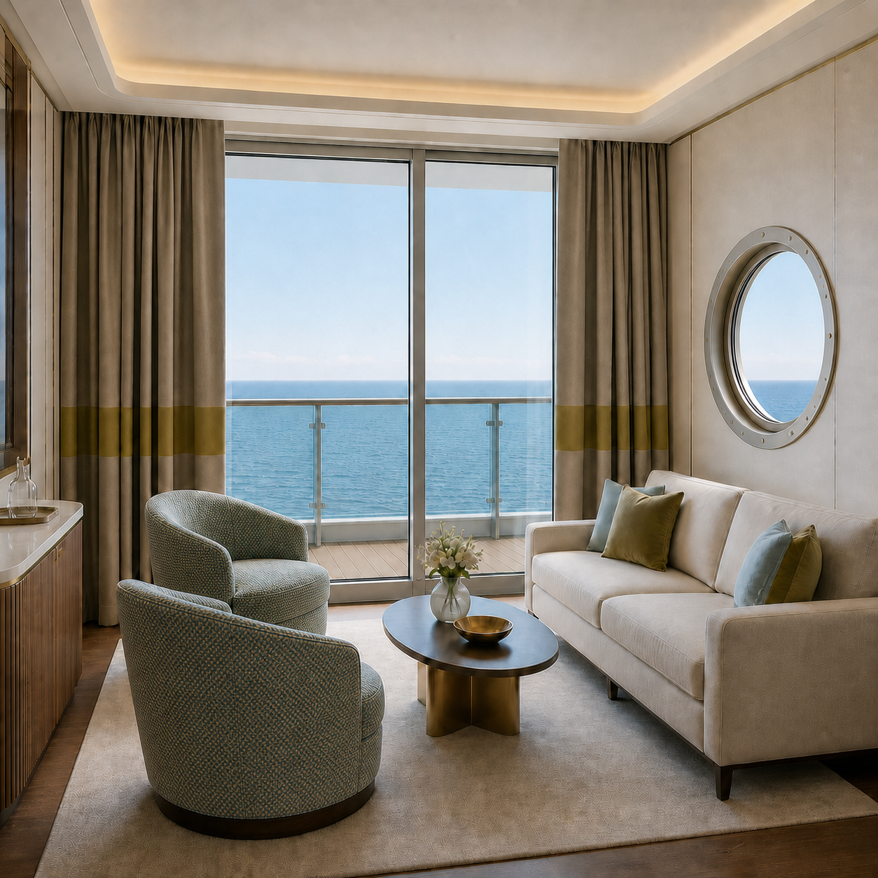 Luxury cruise ship balcony suite with lounge chairs upholstered in Andriali Exen Color 79 contract fabric