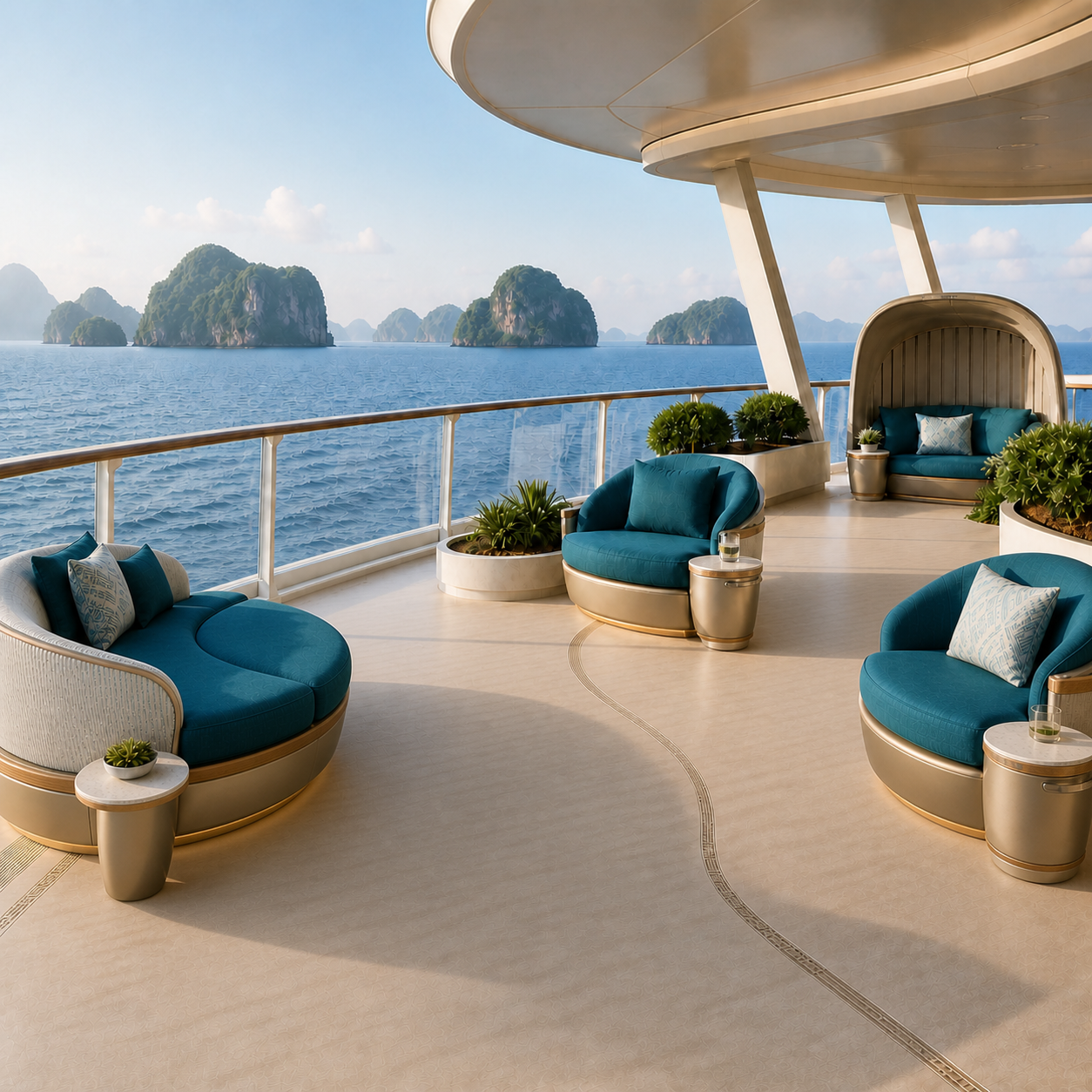 Luxury cruise ship outdoor lounge featuring marine-grade contract upholstery with tropical islands in the distance.