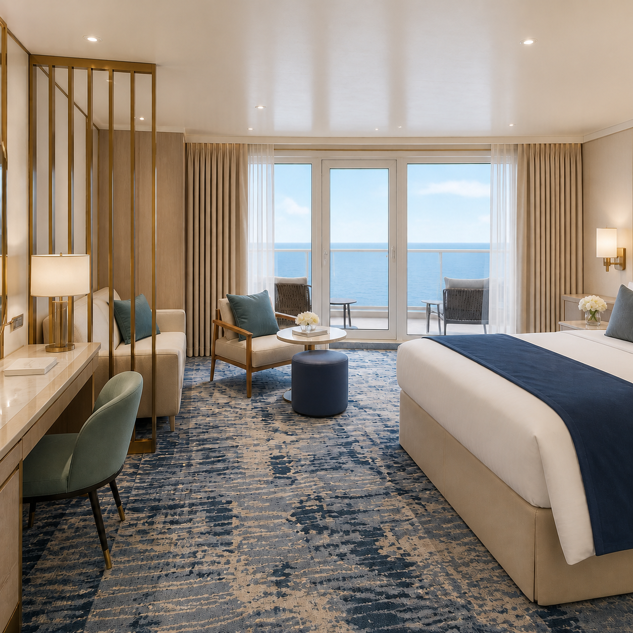 Luxury cruise ship suite with professionally installed ready-to-hang drapery by Andriali Contract