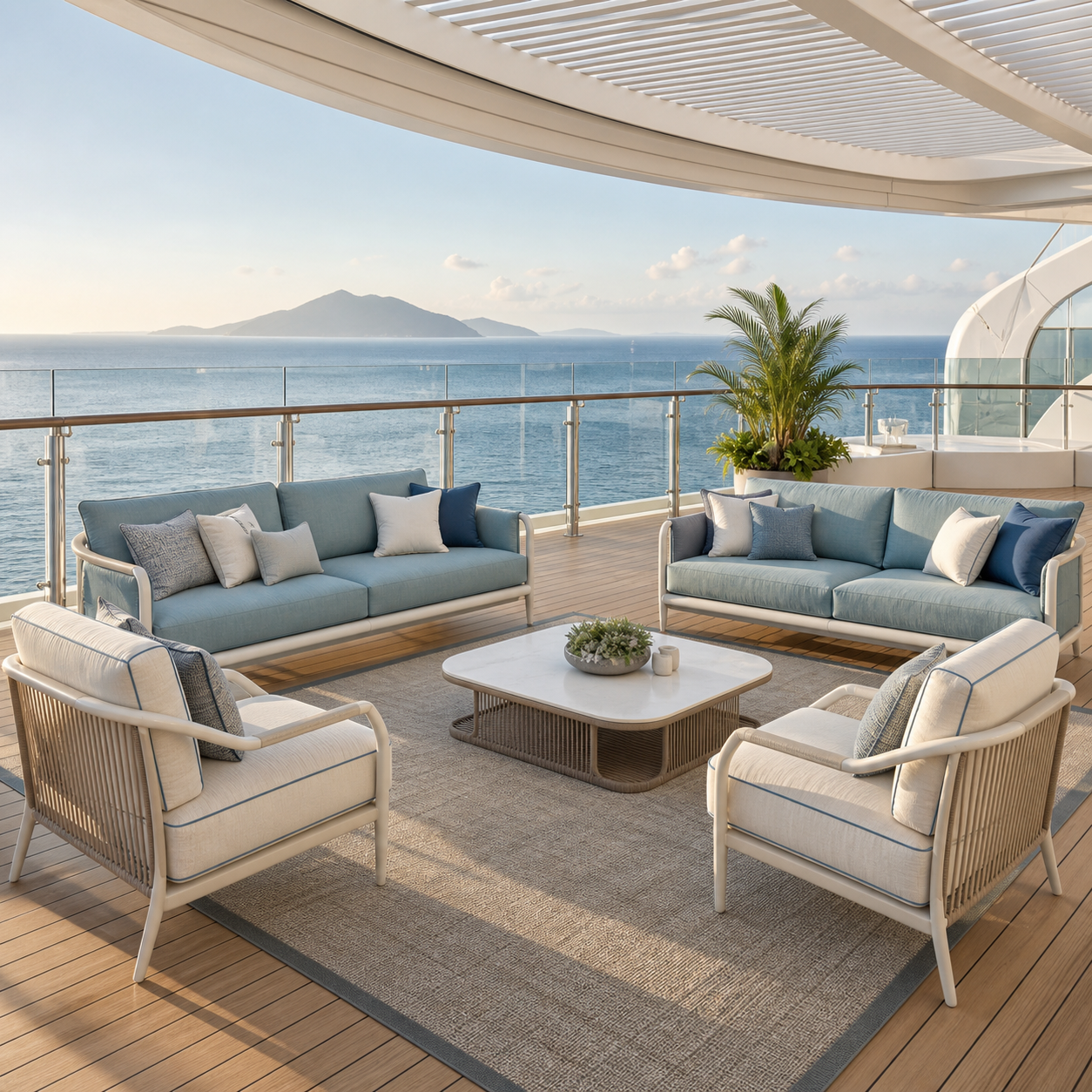 Luxury cruise ship outdoor lounge with sea-blue performance upholstery by Andriali Contract