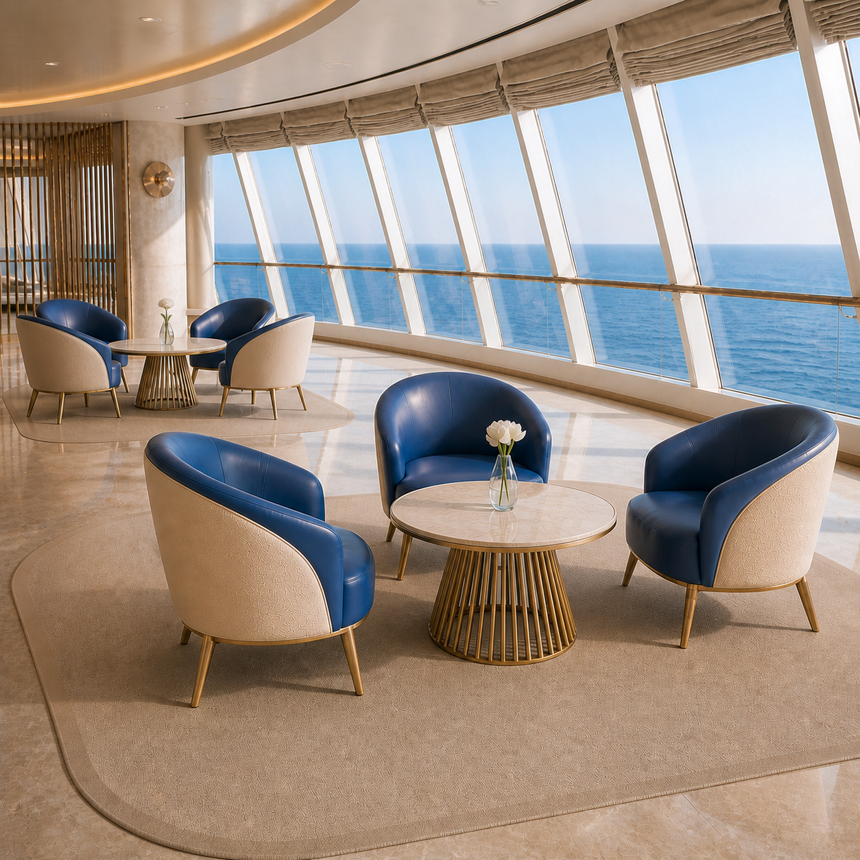 Styled luxury cruise observation lounge visualization featuring Andriali Legacy FR Color 510 Yale Blue vinyl upholstery.